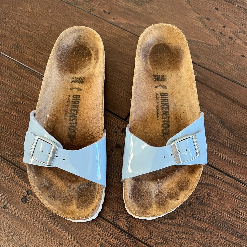 Birkenstock Madrid Patent Dove Blue size 38/7US